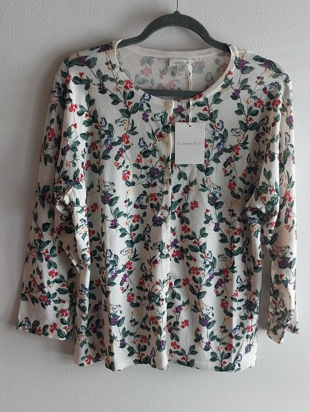 Garnet Hill Cream & Purple Floral 100% Merino Wool Button Front Cardigan NWT